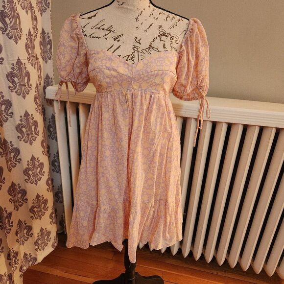 The Impeccable Pig Pink Floral Babydoll Puff Sleeve Dress, Sz M - Picture 1 of 11